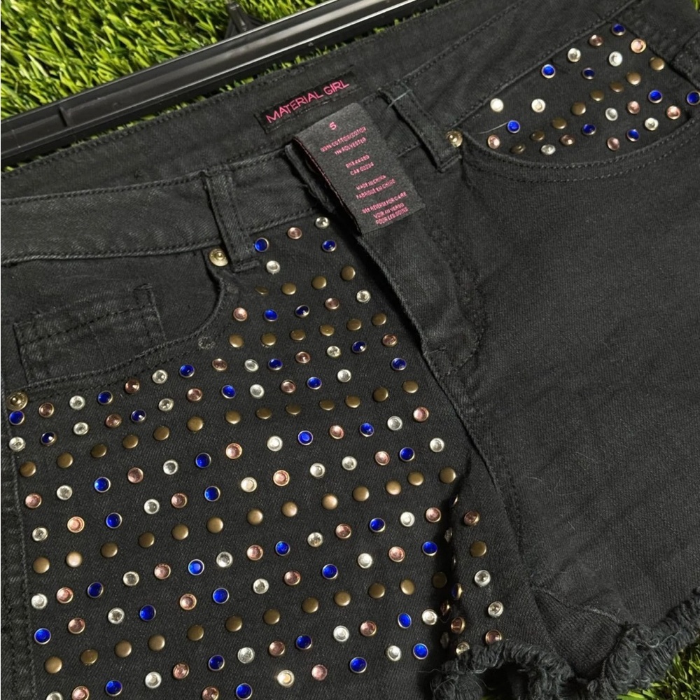Material Girl Black Denim Shorts with rhinestone and studs.